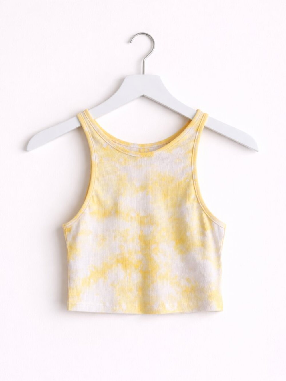 Zara Yellow & White Tie Dye Ribbed High Neck Tank Crop Top